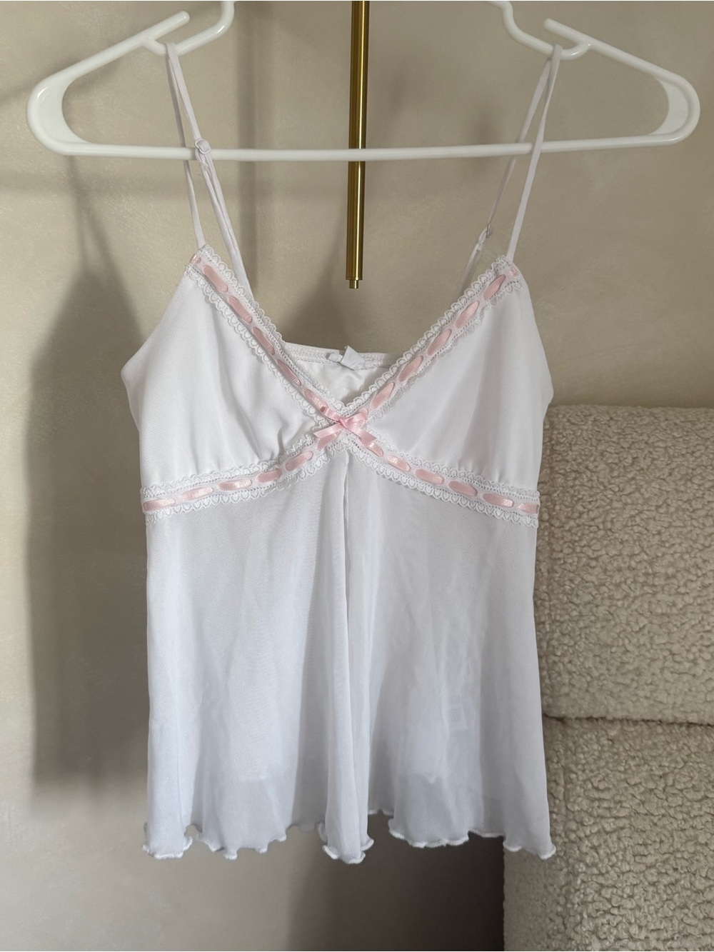 Garage White Lace-Trim Chemise with Pink Ribbon Detail